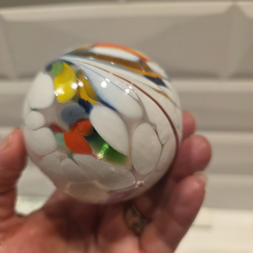 Set Of 2 Art Glass Hand Blown Christmas Ornament Orb Balls Blue Swirl & Multi - Picture 11 of 13